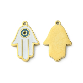 Ion Plating(IP) 304 Stainless Steel Manual Polishing Charms, with Enamel, Hamsa Hand/Hand of Miriam with Evil Eye