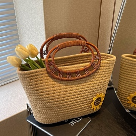 Flower Patchwork Woven Pattern Handheld Basket Bag