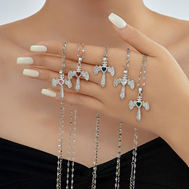 Ожерелья с подвеской в виде меча в стиле ретро хип-хоп из латуни, полностью украшенные стразами, в форме сердца и крыла для женщин