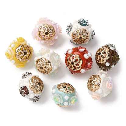 Круглые бусины из смолы ручной работы из Индонезии, со сплавочной фурнитурой, круглая с цветком