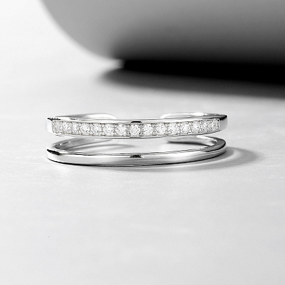 S925 bagues double couche en argent sterling, bagues de manchette en zircone cubique pour femme