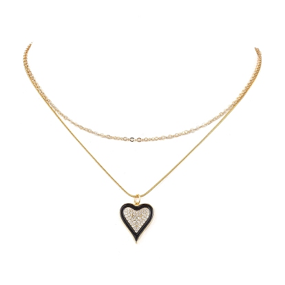 Double Layer Brass Micro Pave Clear Cubic Zirconia Heart Pendant Necklaces for Women, Black