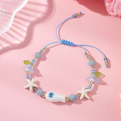 Стекло плетеные из бисера браслеты, с драгоценными камнями, фарфором ручной работы и бусинами ручной работы, изготовленными методом выдувания стекла., рыба