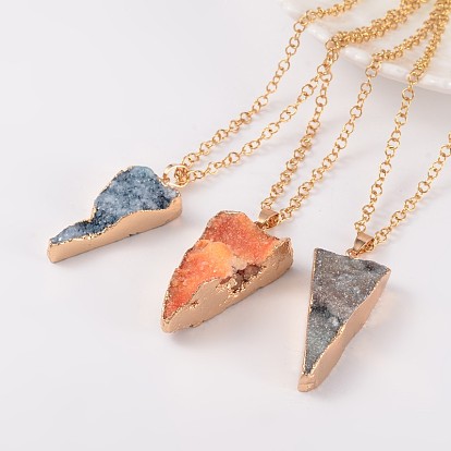 Natural Drusy Agate Triangle Pendant Necklaces, with 304 Stainless Steel Rolo Chains, 17.7 inch (45cm), 3.5mm