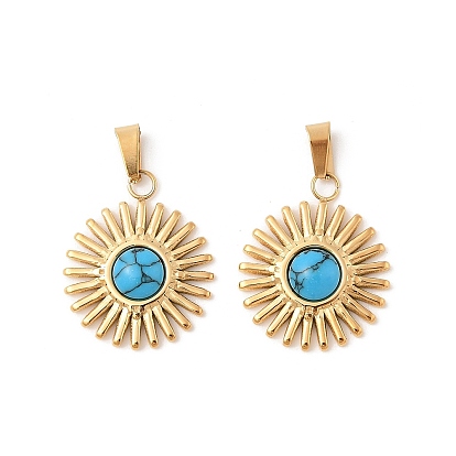 304 из нержавеющей стали солнечные подвески, синтетические бирюзовые, плоские круглые прелести, ионное покрытие (ip)
