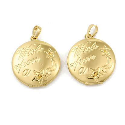 Rack Plating Brass Locket Pendants, Flat Round with Word & Star Charm, Cadmium Free & Lead Free, Long-Lasting Plated