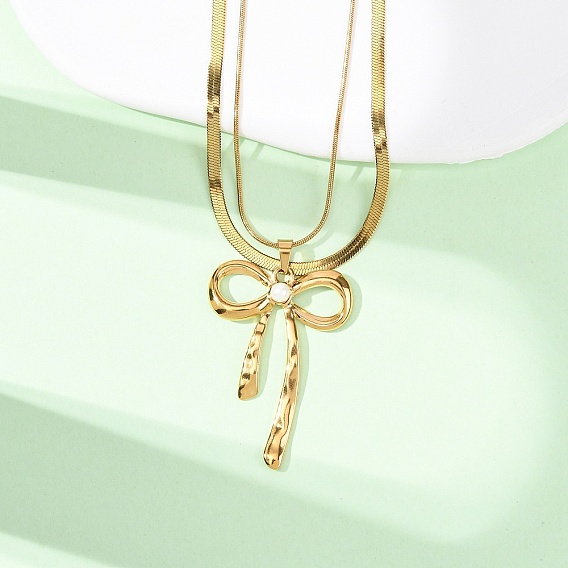 304 Двухслойные ожерелья с подвеской-бантом из нержавеющей стали для женщин