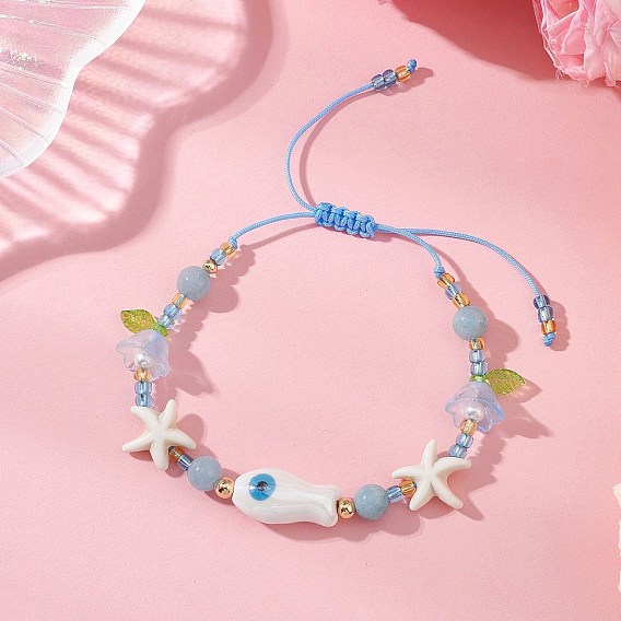 Стекло плетеные из бисера браслеты, с драгоценными камнями, фарфором ручной работы и бусинами ручной работы, изготовленными методом выдувания стекла., рыба