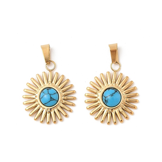 304 из нержавеющей стали солнечные подвески, синтетические бирюзовые, плоские круглые прелести, ионное покрытие (ip)