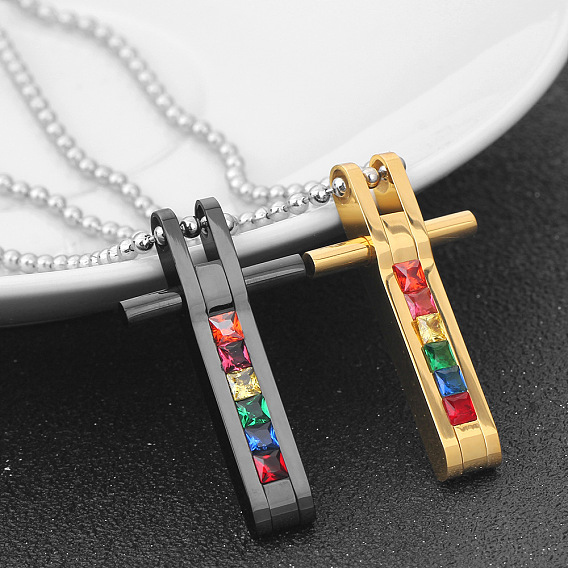 Rainbow Color Pride Flag Rhinestone Cross Pendant Necklace with Titanium Steel Ball Chains for Women