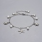 Brass Charm Anklets, with Glass Pearl, Alloy Charms and Stainless Steel Findings, Ocean Theme