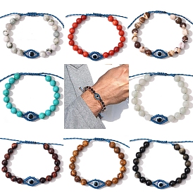 Gemstone Evil Eye Braided Beaded Bracelets, with Resin & Thread Cord