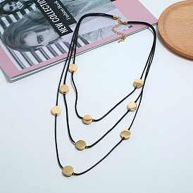 Fashionable Handmade Multi-layer Cord Brass Flat Round Pendant Necklaces for Women, Golden