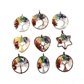 Tree of Life Natural & Synthetic Mixed Gemstone with Metal Wire Wrapped Pendants
