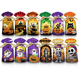 50Pcs Rectangle Halloween Candy Plastic Bags, Printed Candy Drawstring Bags
