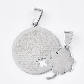 201 inoxydable pendentifs fendus en acier, pendentifs devis, rond plat avec mot et trèfle