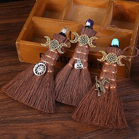 Natural Gemstone Witch Brooms Pendant Decorations, Alloy Charms for Halloween Brooms Feng Shui Car Hanging Ornament