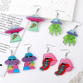 Quirky Cartoon Alien Earrings - Fun Acrylic Painted Transparent Ear Drops for Students