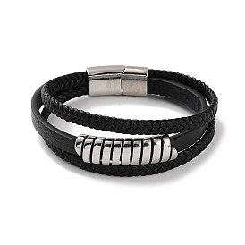 Men's Braided Black PU Leather Cord Multi-Strand Bracelets, 304 Stainless Steel Link Bracelets with Magnetic Clasps