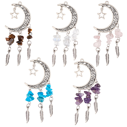 10 Stück 5 Stile Opalit & synthetischer Türkis & natürlicher Amethyst & Tigerauge & Rosenquarz-Splitter und Legierung hohle Mondanhänger große Anhänger, mit Federanhängern verziert, Antik Silber Farbe