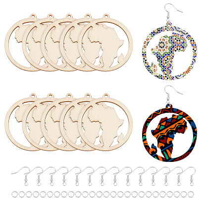 DIY Ring with Map of Africa Dangle Earring Making, Including Wooden Big Pendants, Iron Earring Hooks & Jump Rings