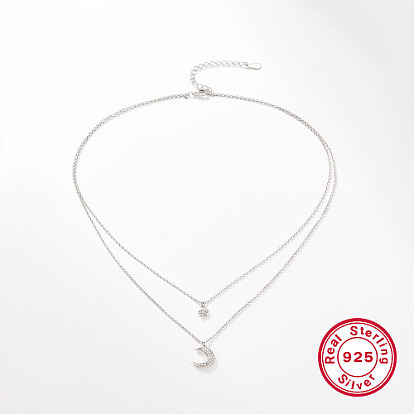 Rhodium Plated 925 Sterling Silver Double Layer Necklaces, Moon & Star Cubic Zirconia Pendants Necklace