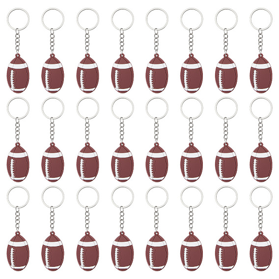 24Pcs Silicone Keychains, with Iron Key Rings, Rugby, Platinum