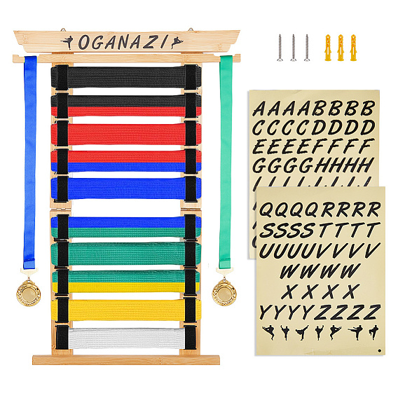 Wood Taekwondo Belt Storage Display Risers with Elastic Cord, Rectangle
