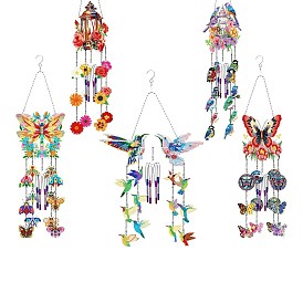 Kits de decoración de campanillas de viento con pintura de diamantes diy, incluyendo pedrería de resina, pluma, bandeja y arcilla de cola