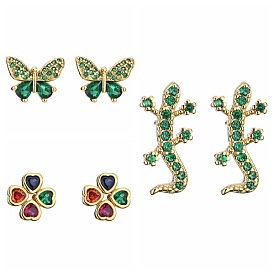 Colorful Gecko Stud Earrings with Micro Pave Zircon Butterfly Design