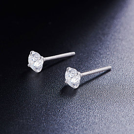 SHEGRACE 925 Sterling Silver Four Pronged Ear Studs, with AAA Cubic Zirconia and Ear Nuts