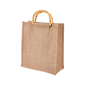 PandaHall Elite Style Burlap Shopping Bags with Bamboo Handles, Shopping Bags