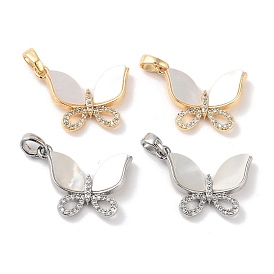 Brass Micro Pave Clear Cubic Zirconia Pendants, with Shell, Double Butterfly