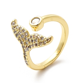 Clear Cubic Zirconia Whale Tail Shape Open Cuff Ring, Brass Jewelry for Women