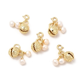 Brass Bell Spring Ring Clasp Charms, with Natural Pearl Round Beads