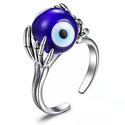 Brass & Resin Cuff Open Rings, Round with Evil Eye