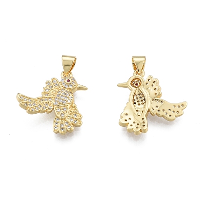 Brass Micro Pave Clear Cubic Zirconia Pendants, Cadmium Free & Lead Free, Bird