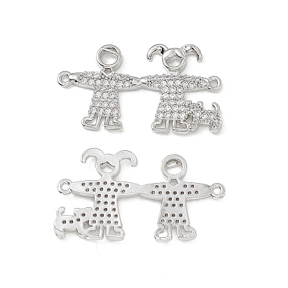 Brass Micro Pave Clear Cubic Zirconia Connector Charms, Girl and Boy Links