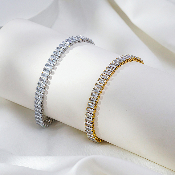 304 Stainless Steel Pave Rectangle Clear Cubic Zirconia Tennis Bracelets for Women