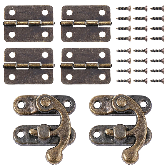 2Pcs Iron Wooden Box Lock Catch Clasps, with 4Pcs Iron Hinge & 24Pcs Screws