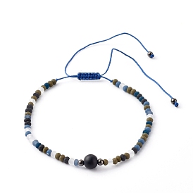 Adjustable Natural Black Agate Beads Nylon Thread Braided Bead Bracelets, with Faceted Glass Beads
