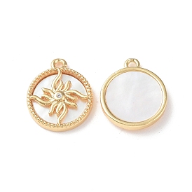 Brass Micro Pave Clear Cubic Zirconia Flat Round Charms, with Shell