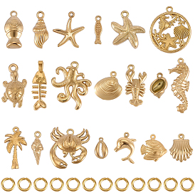 20Pcs 20 Styles Ocean Theme 304 Stainless Steel Pendants, Mixed Shapes, Ion Plating(IP), with 20Pcs Iron Jump Rings