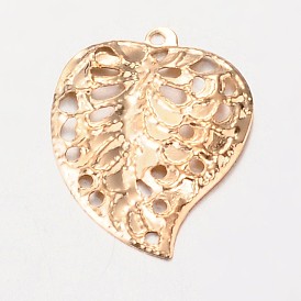 Филигрань лист железа подвески, гравированные металлические украшения, 21x16x1.2 мм, отверстие : 1 мм