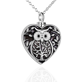 Alloy Heart with Owl Urn Ashes Pendant Necklace with Enamel, Memorial Jewelry for Men Women