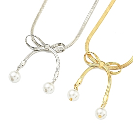 Ion Plating(IP) 304 Stainless Steel Flat Snake Chain Bowknot Pendant Necklaces, with Plastic Imitation Pearl