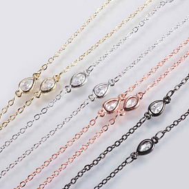 Handmade Brass Beaded Chains, Soldered, with Faceted Cubic Zirconia Links, Drop