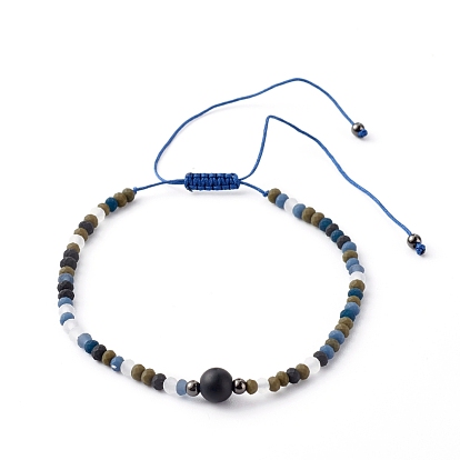 Adjustable Natural Black Agate Beads Nylon Thread Braided Bead Bracelets, with Faceted Glass Beads