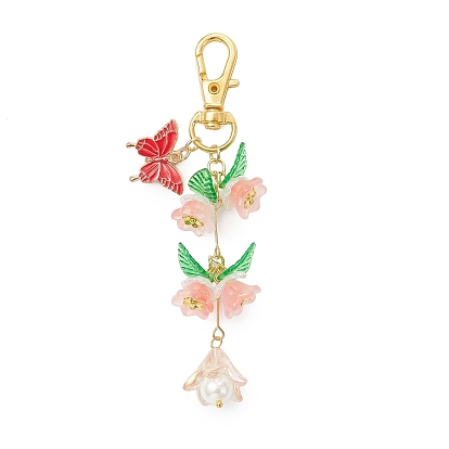Décorations de pendentifs de fleurs en acrylique, avec fermoirs mousquetons pivotants en alliage et pendentifs papillon en alliage émaillé