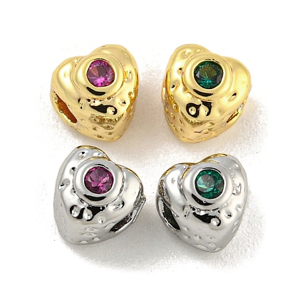 Brass Micro Pave Clear Cubic Zirconia Beads, Cadmium Free & Nickel Free & Lead Free, Real 18K Gold Plated/Platinum, Heart